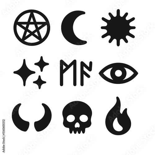 Mystical Icon Grid. Solid, filled icon set of mythical symbols: pentagram, crescent moon, sun, stars, ancient runes, mystical eye,