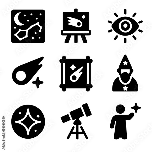 Mythical Comet Icons. Solid, filled icon set of myth and culture of comets: ancient sky chart, comet in painting, mystical eye,