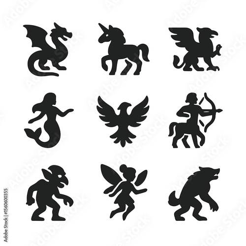 Mythical Creatures Icons. Solid, filled icon set of creatures: dragon, unicorn, griffin, mermaid, phoenix, centaur, goblin, fairy,