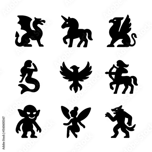Mythical Creatures Icons. Solid, filled icon set of creatures: dragon, unicorn, griffin, mermaid, phoenix, centaur, goblin, fairy,