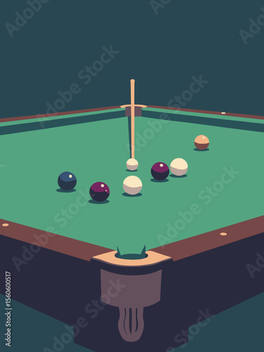 Snooker table detail with cue striking the cue ball, colored balls arranged in green, burgundy, ivory, and charcoal