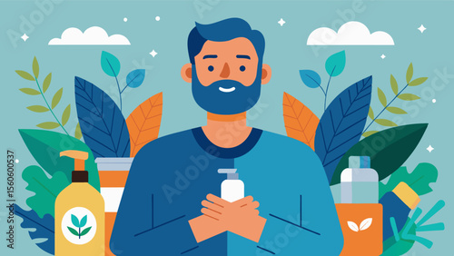 A mens skincare brand featuring ads that celebrate the natural aging process and promote selfcare rather than trying to fix flaws.. Vector illustration