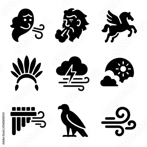 Mythical Wind Icons. Solid, filled icon set of wind in mythology and culture: gust spirit, wind god, flying horse, feathered