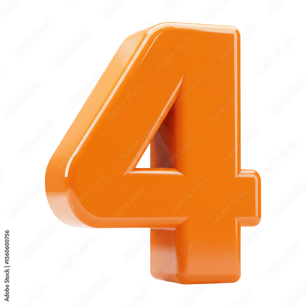 Obraz premium A 3D Shiny Orange Number or Digit Four, Glossy Render of the Number 4, 3D Font for Educational Use. Cut Out, Clipping Path Isolated on Transparent Background.