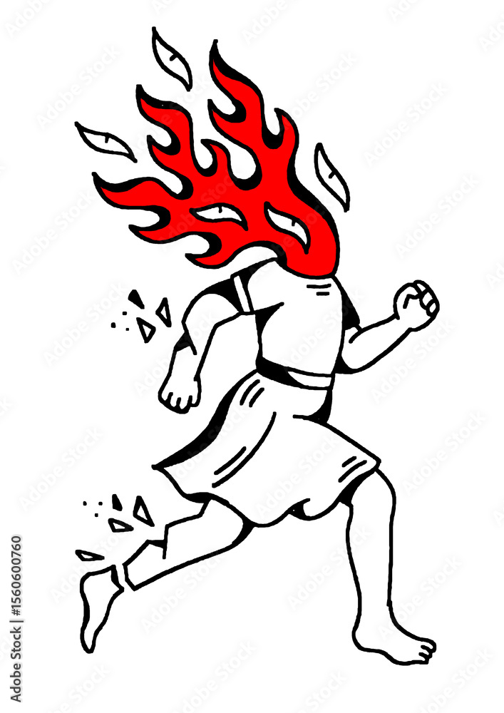 Fototapeta premium Running figure with flaming head and many eyes. Intense art