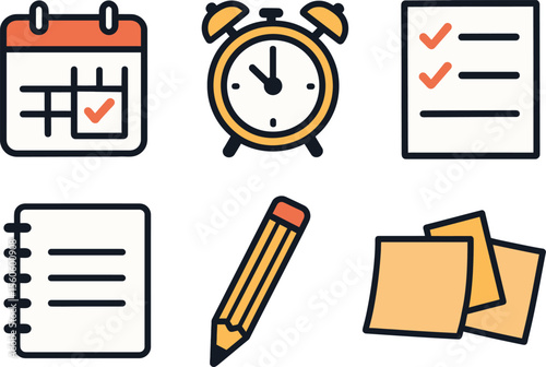 Task planning icon set. Calendar, checklist, notebook, reminder. Isolated on white