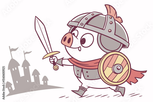 Vector cute Pig cartoon character, dressed as a knight, holding a small sword and shield, brave and determined expression, castle turrets hint, isolated on white background