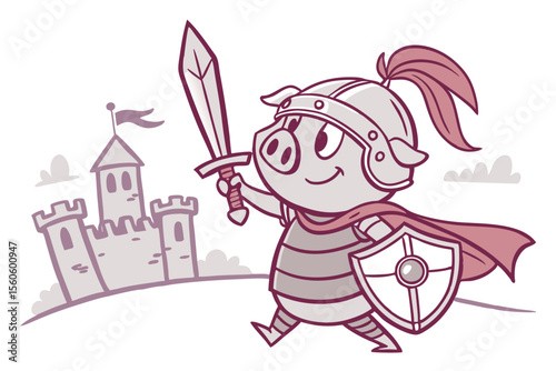 Vector cute Pig cartoon character, dressed as a knight, holding a small sword and shield, brave and determined expression, castle turrets hint, isolated on white background