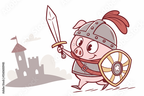 Vector cute Pig cartoon character, dressed as a knight, holding a small sword and shield, brave and determined expression, castle turrets hint, isolated on white background