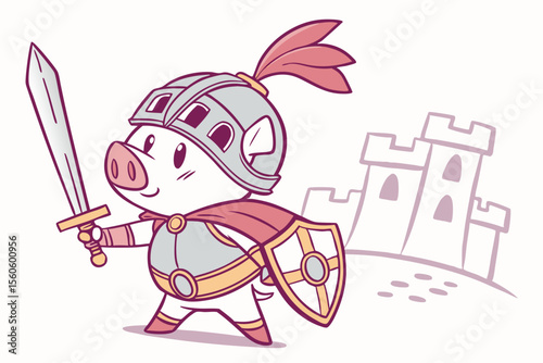 Vector cute Pig cartoon character, dressed as a knight, holding a small sword and shield, brave and determined expression, castle turrets hint, isolated on white background