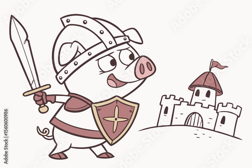 Vector cute Pig cartoon character, dressed as a knight, holding a small sword and shield, brave and determined expression, castle turrets hint, isolated on white background