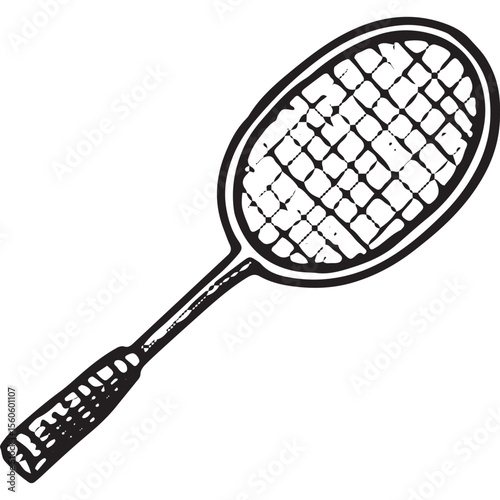 Intricate black-and-white drawing of a standalone badminton racket