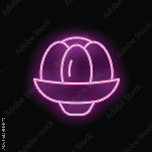 Neon sign in the shape of a ufo, glowing pink against a dark background