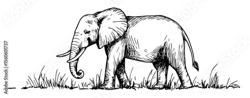 african elephant walking in savanna grass hand drawn sketch