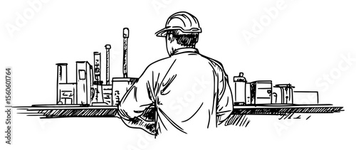 engineer in hard hat looking at factory industrial plant sketch