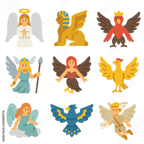 Mythical Winged Icons. Flat icon set of mythical winged beings: angel, sphinx, garuda, Valkyrie, harpy, celestial bird, sky nymph,
