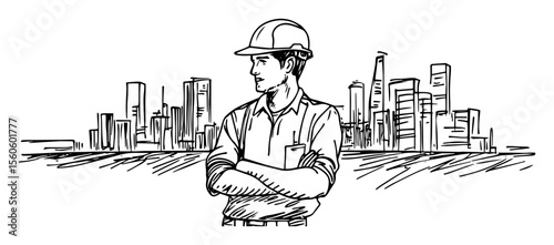 construction engineer in hard hat with city skyline sketch