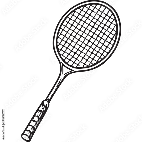 Intricate black-and-white drawing of a standalone badminton racket