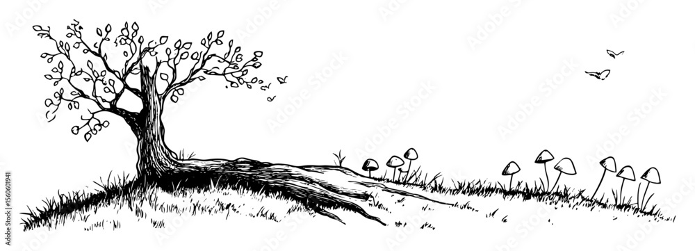 Φωτογραφία old tree with exposed roots on hillside nature sketch vector