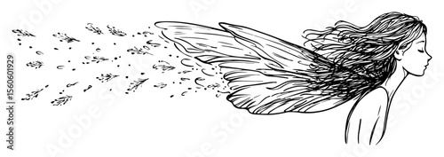 flying fairy woman with wings spreading magic dust sketch vector
