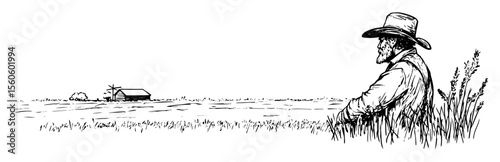 lone fisherman in hat sitting by riverbank hand drawn vector