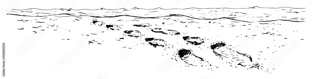 Fotografie footprints trail on sandy beach panoramic sketch vector