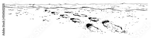 footprints trail on sandy beach panoramic sketch vector
