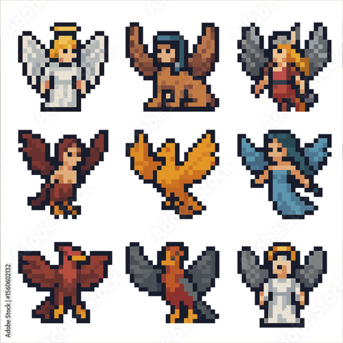Mythical Winged Beings. Pixel art icon set of mythical winged beings: angel, sphinx, garuda, Valkyrie, harpy, celestial bird, sky