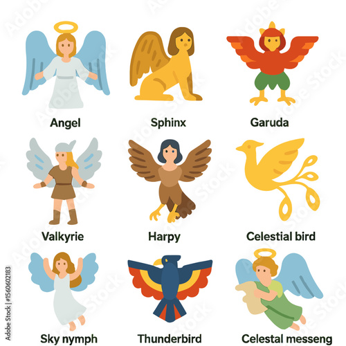 Mythical Winged Icons. Flat icon set of mythical winged beings: angel, sphinx, garuda, Valkyrie, harpy, celestial bird, sky nymph,