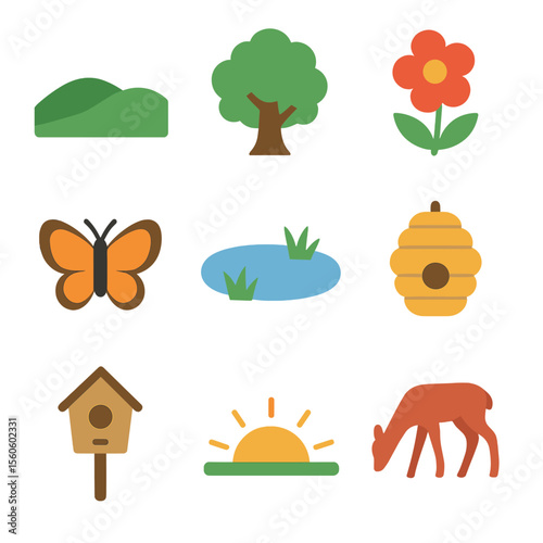 Nature Icons Grid. Flat icon set of natural surroundings: rolling hill, oak tree, wildflower, butterfly, pond, bee hive, birdhouse