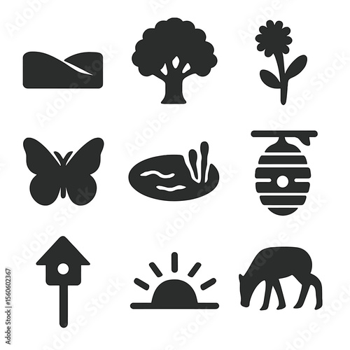 Nature Icon Grid. Solid, Filled icon set of natural surroundings: rolling hill, oak tree, wildflower, butterfly, pond, bee hive,