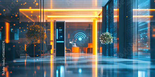 Futuristic Office Lobby with Digital Wi-Fi Icon and Neon Lights, High-Tech Digital Entrance with Neon Accents, Modern Office Lobby with Digital Technology and Wireless Network

