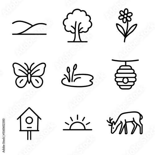 Nature Icons Grid. Outline icon set of natural surroundings: rolling hill, oak tree, wildflower, butterfly, pond, bee hive,