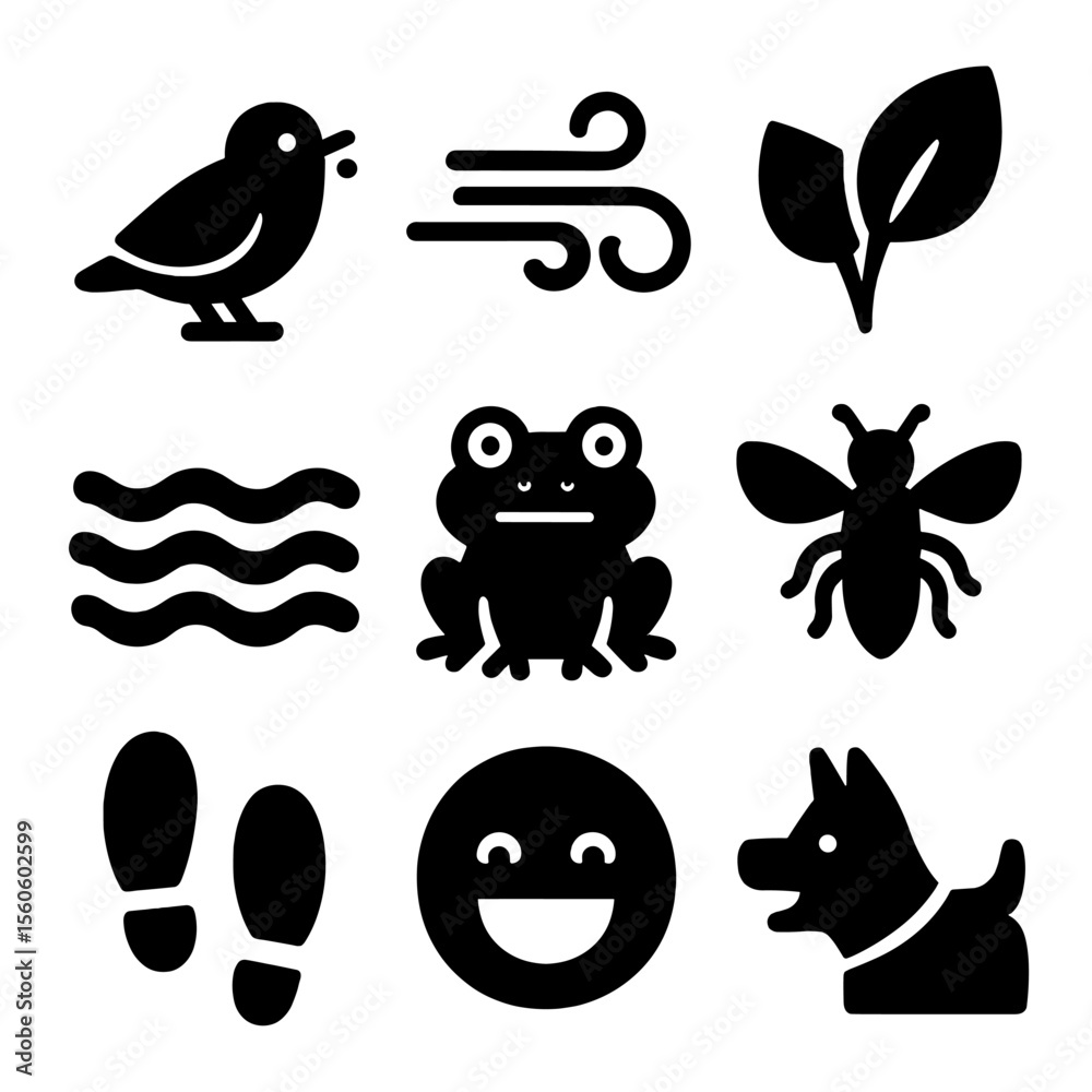 Fototapeta premium Nature Sound Icons. Solid, filled icon set of park nature sounds: bird chirp, wind blowing, leaves rustling, flowing water, frog