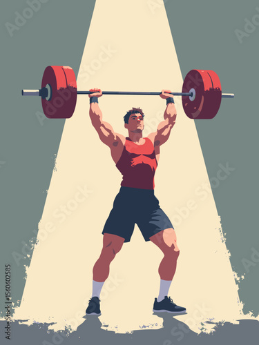 Olympic weightlifter hoisting barbell overhead with spotlight and chalk dust in crimson, slate gray, ivory, and black