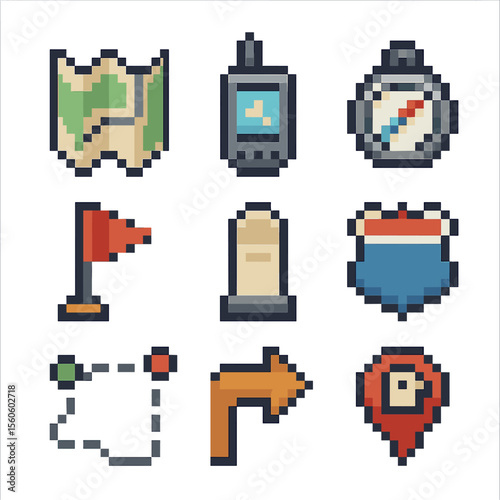 Navigation Icon Set. Pixel art icon set of navigation and route planning: paper map, GPS device, compass, waypoint flag, mile