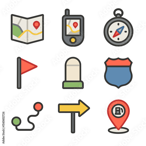Navigation Icons Grid. Flat icon set of navigation and route planning: paper map, GPS device, compass, waypoint flag, mile marker