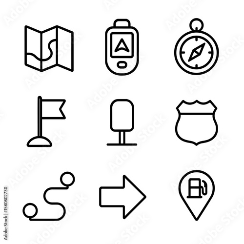 Navigation Icon Grid. Outline icon set of navigation and route planning: paper map, GPS device, compass, waypoint flag, mile