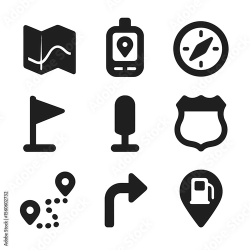 Navigation Icon Set. Solid, Filled icon set of navigation and route planning: paper map, GPS device, compass, waypoint flag, mile
