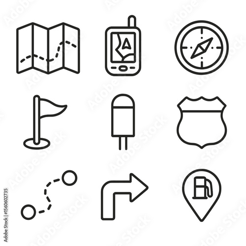 Navigation Icon Grid. Outline icon set of navigation and route planning: paper map, GPS device, compass, waypoint flag, mile