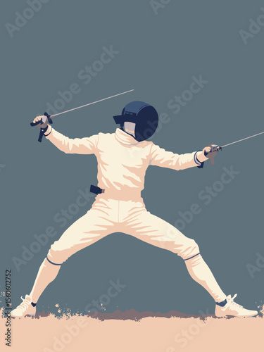 Fencer lunge pose with crossed sabres and metallic detail in silver, navy, blush, and charcoal