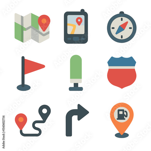 Navigation Icons Grid. Flat icon set of navigation and route planning: paper map, GPS device, compass, waypoint flag, mile marker