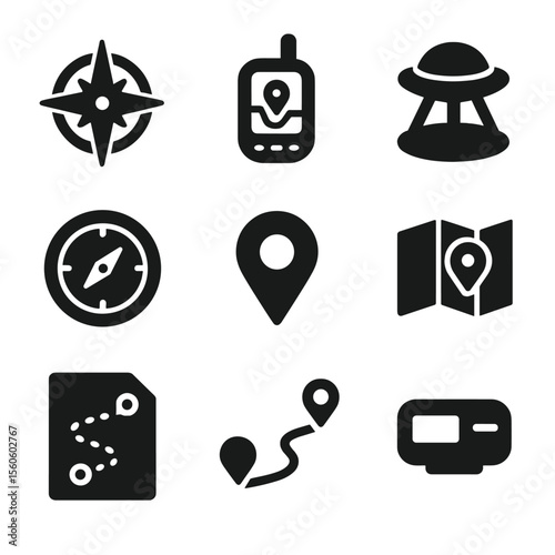 Navigation Instrument Icons. Solid, filled icon set of navigation instruments: compass rose, GPS receiver, VOR station, HSI
