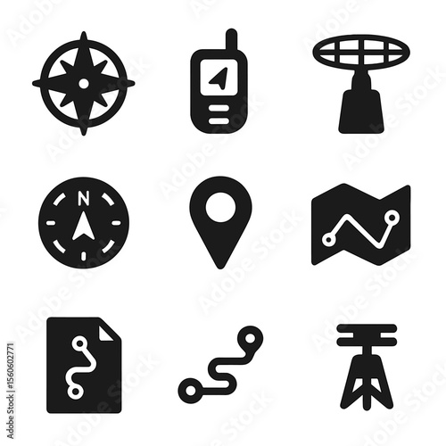 Navigation Instrument Icons. Solid, filled icon set of navigation instruments: compass rose, GPS receiver, VOR station, HSI
