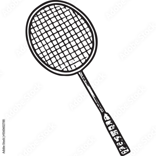 Intricate black-and-white drawing of a standalone badminton racket