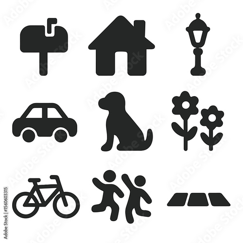 Neighborhood Life Icons. Solid, filled icon set of everyday neighborhood life: mailbox, house silhouette, street lamp, parked car,