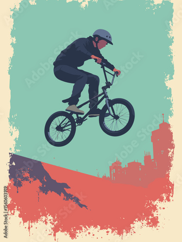 BMX rider tricking mid-air with background urban texture in neon green, asphalt gray, and rust red