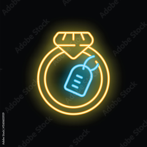 Neon sign of a diamond ring with price tag glowing on a dark background representing luxury jewelry