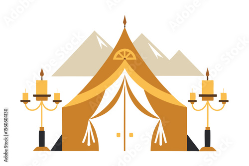 Boho-Chic Glam Tent Vector – Gold Accents, Chandeliers, Rugs, and Mountain Views.