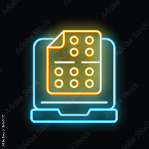 Glowing neon line icon of a blister pack of pills on a laptop screen, representing the concept of online pharmacy and medicine delivery